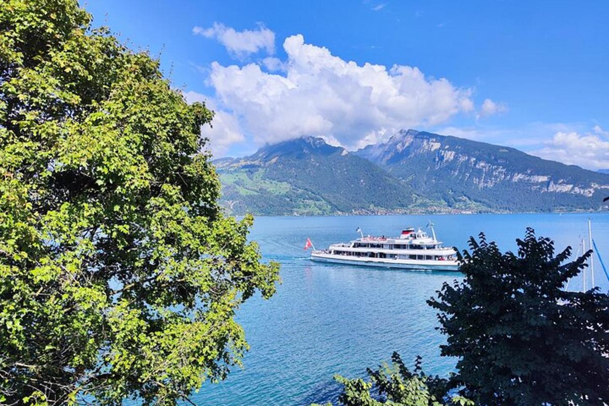 een boot op een meer met bergen op de achtergrond