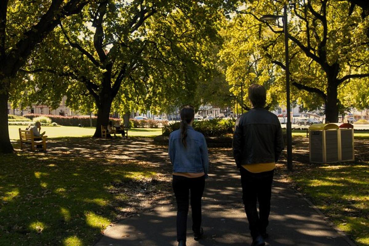 due persone che camminano lungo un marciapiede in un parco