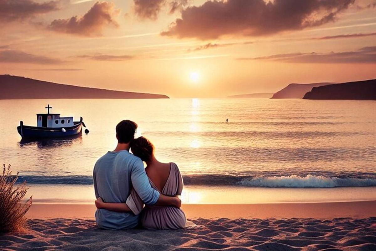 sepasang suami isteri duduk di tepi pantai sambil melihat matahari terbenam