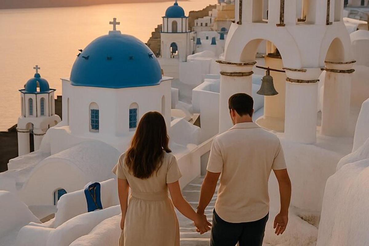 een man en een vrouw lopen door de straten van Santorini