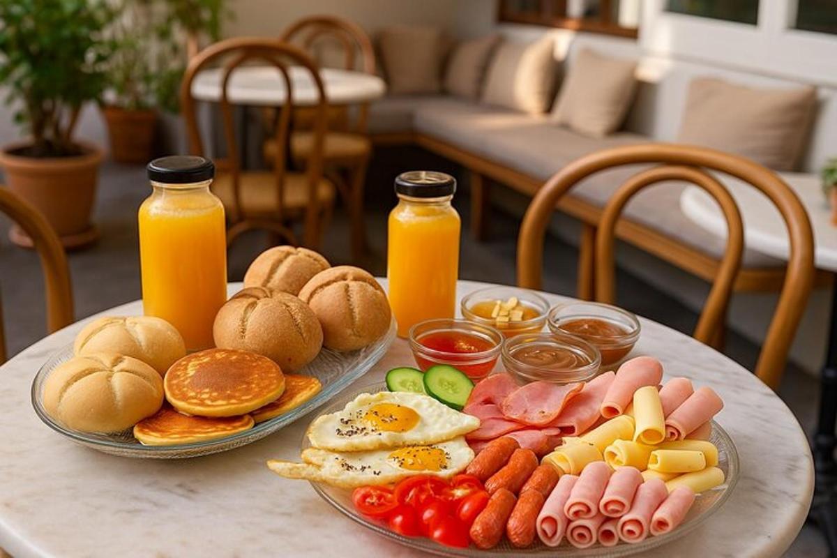 een tafel met twee borden met ontbijtproducten en sinaasappelsap