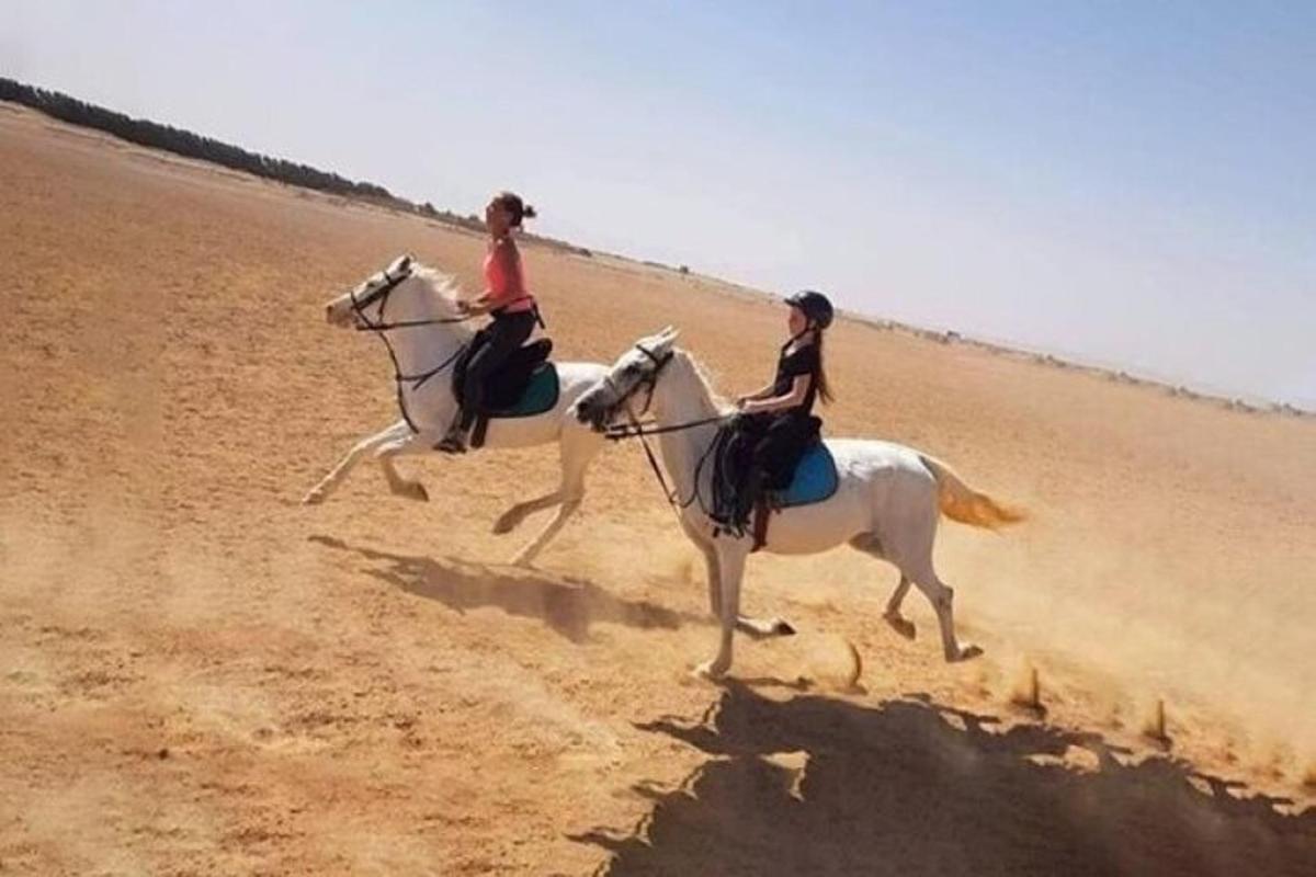 two women riding on horses in the desert