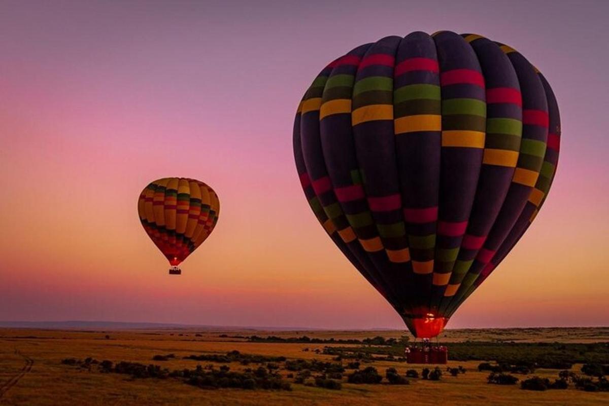 two hot air balloons flying over a field at sunset