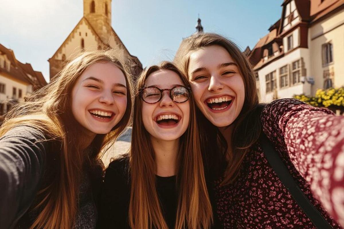 drei Mädchen posieren zusammen für ein Foto
