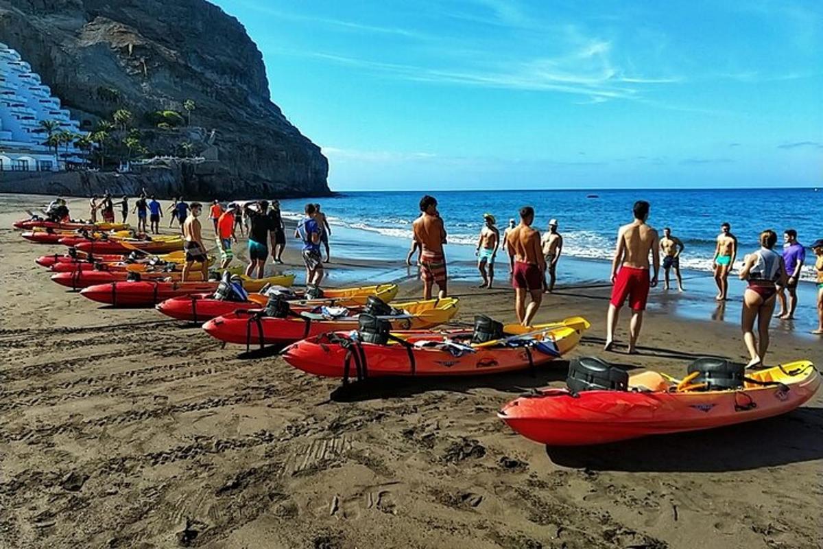 en gruppe mennesker stående på en strand med kajakker