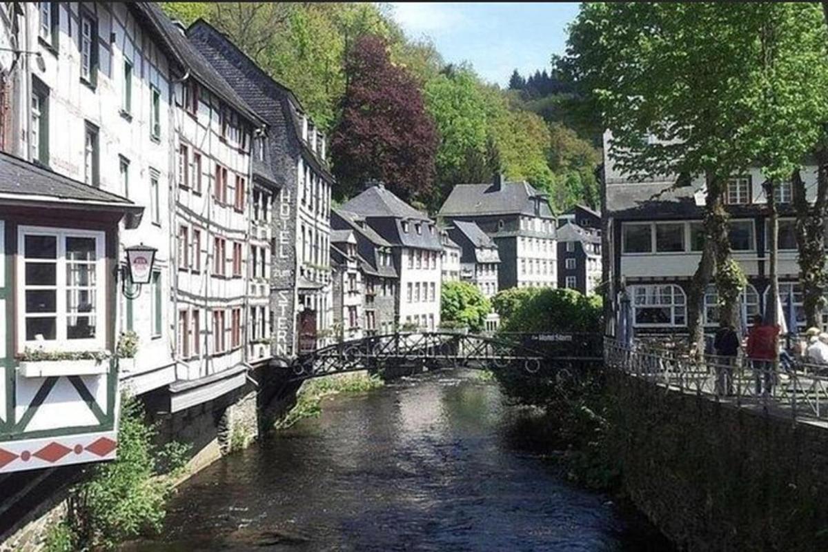 a bridge over a river in a town with buildings