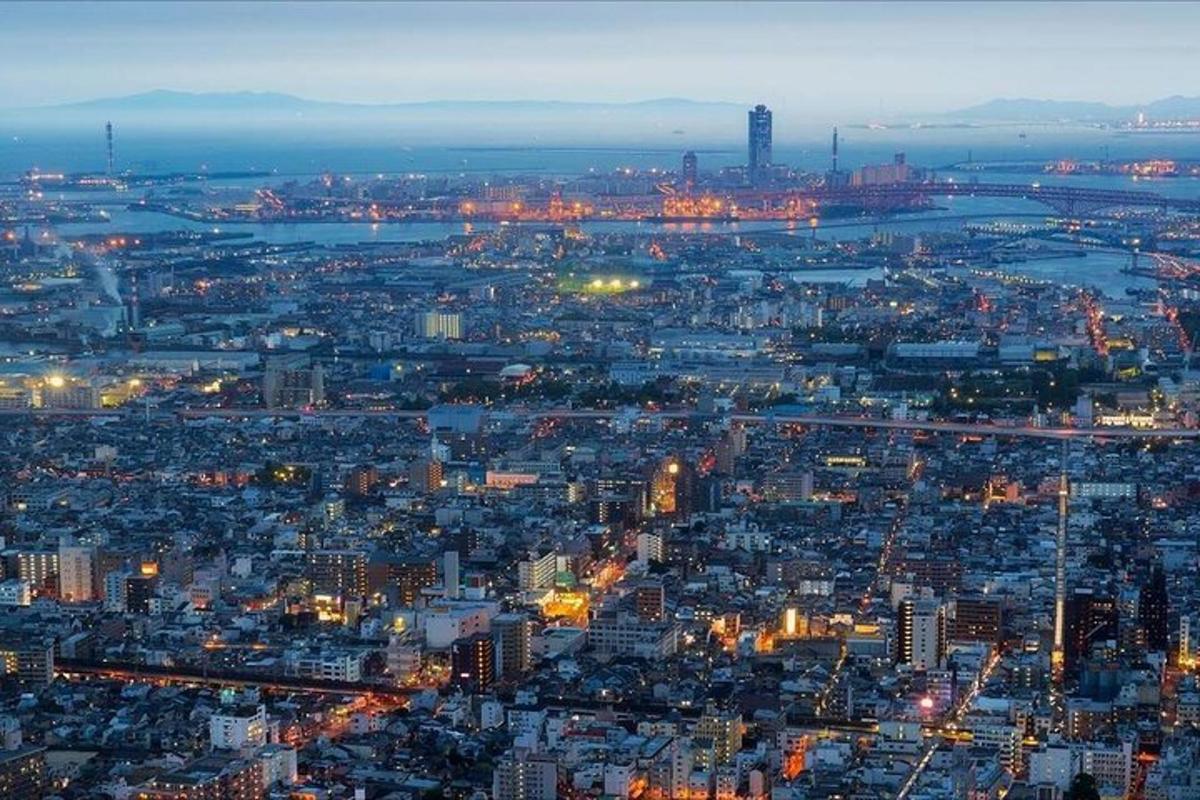an aerial view of a city at night