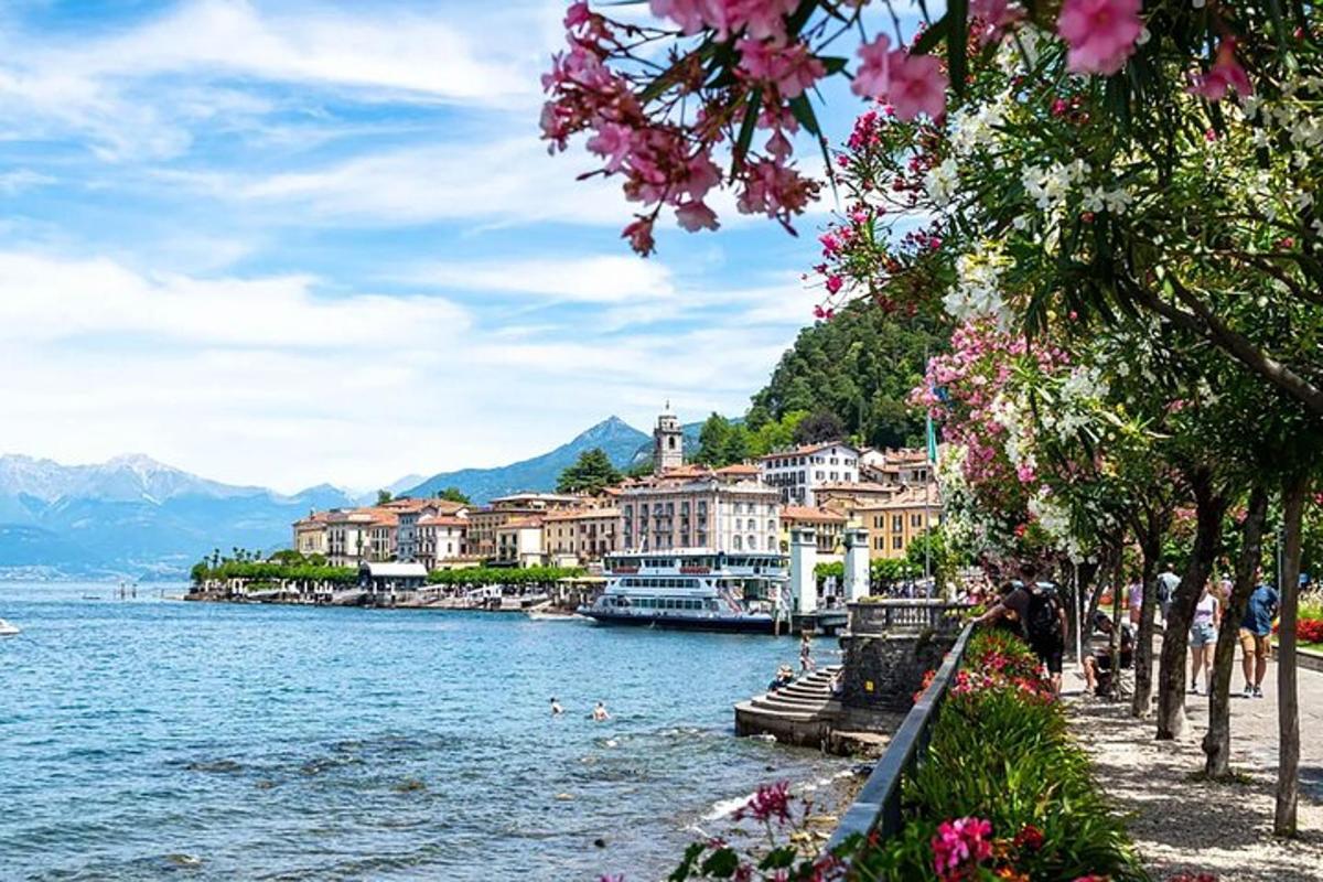 una vista di una città sull'acqua con fiori