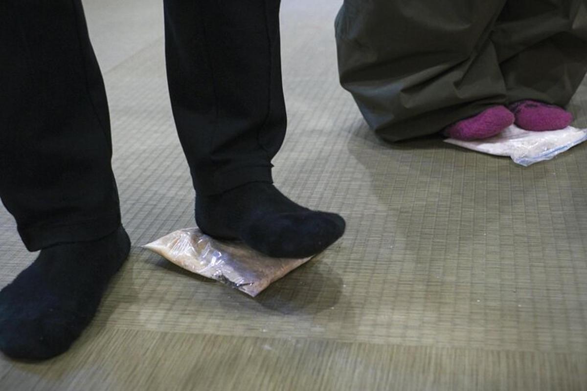 a person wearing black shoes and purple shoes