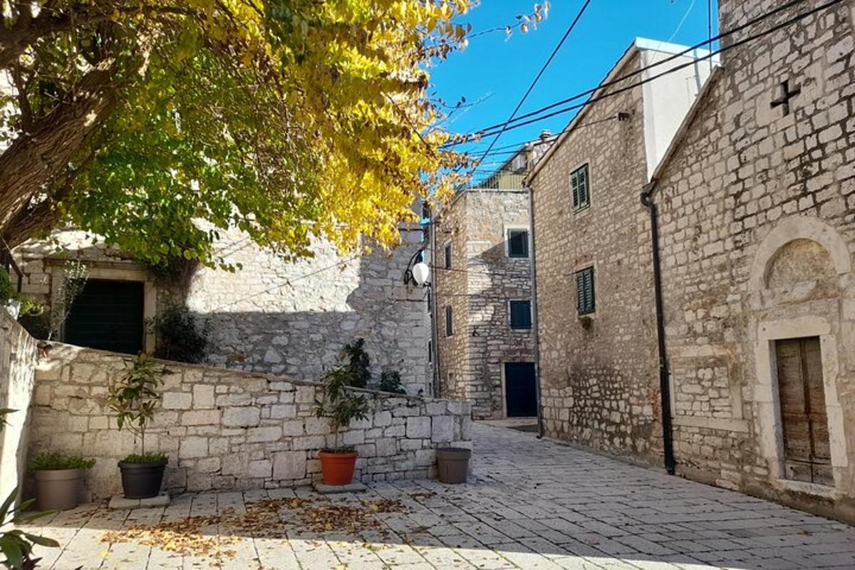 un carreró en un edifici antic amb una paret de pedra