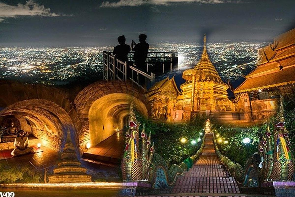 two people standing on top of a building at night