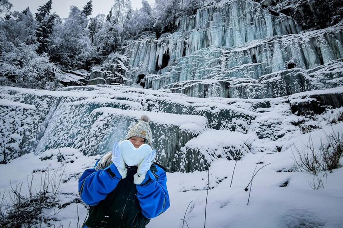 a woman standing in the snow in front of a waterfall