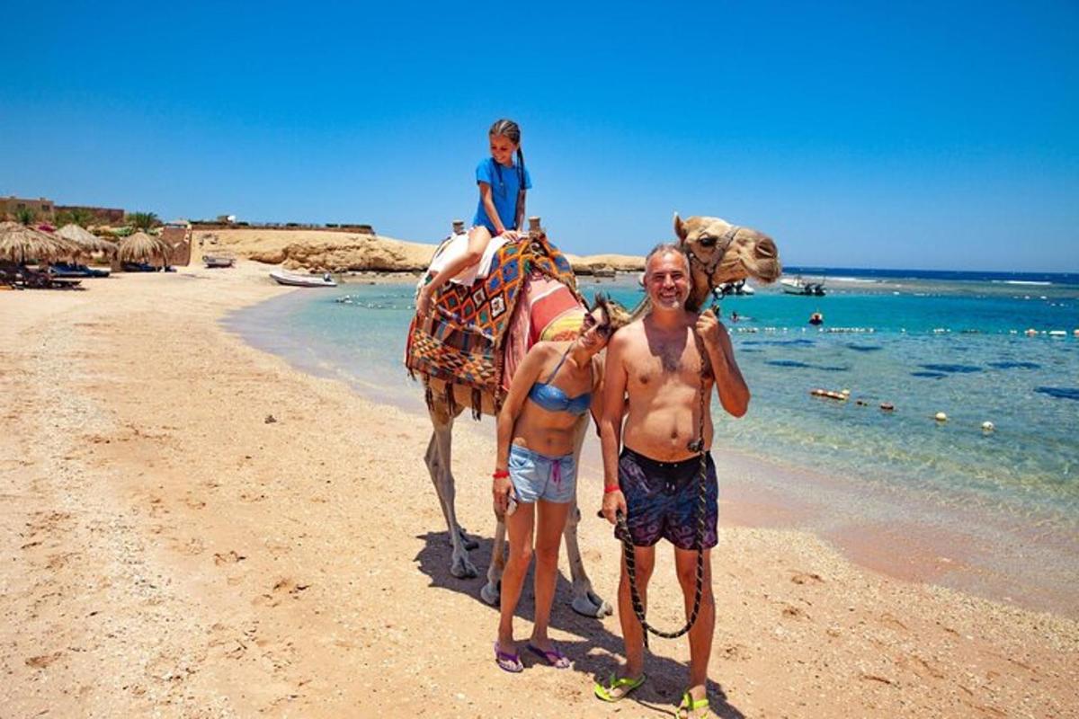 a man and a woman standing on a beach with a camel