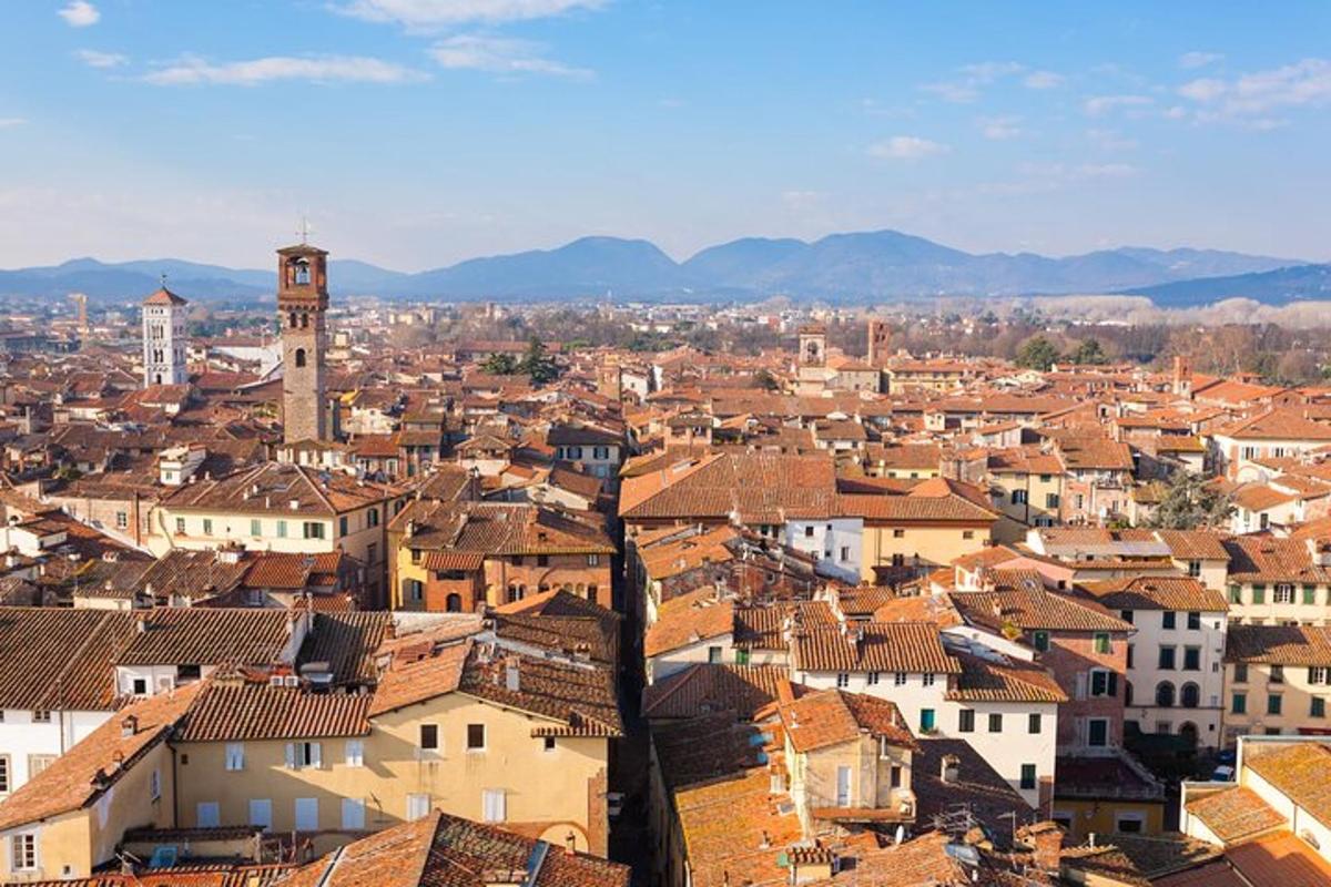 a view of a city with a clock tower and roofs