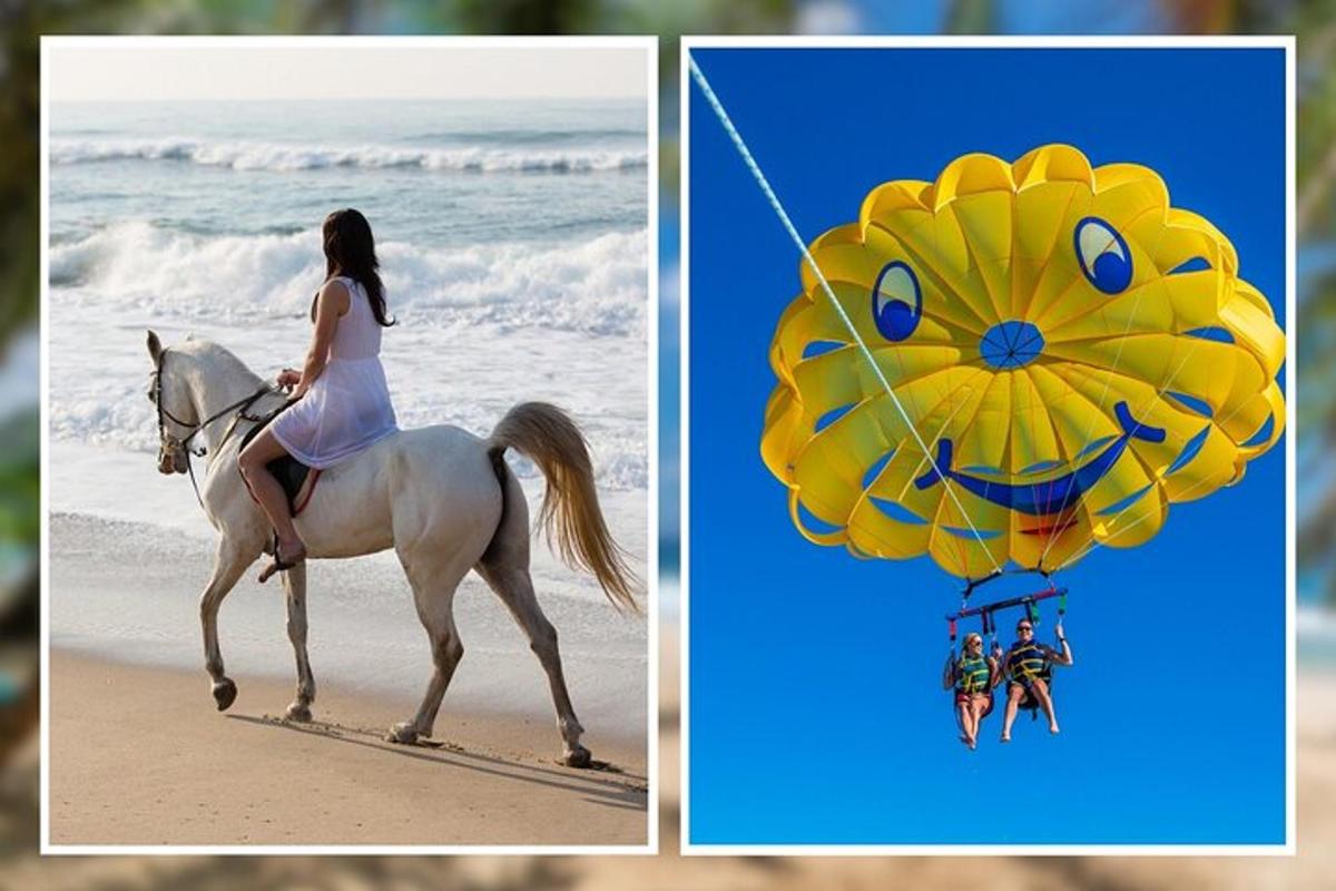 una dona muntant a cavall a la platja al costat d'un paracaigudes
