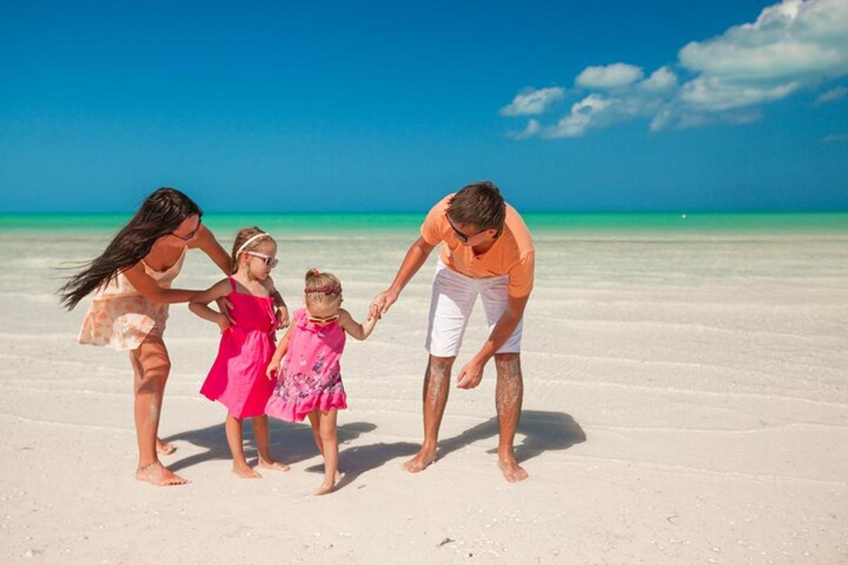 a man and two children playing on the beach