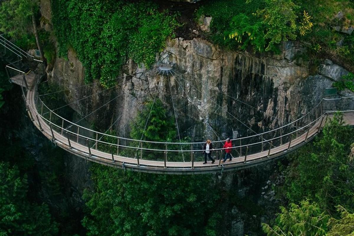 dva človeka, ki hodita čez viseči most na gori
