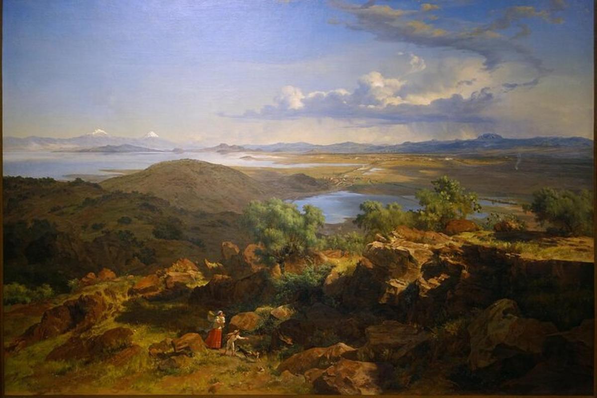 a painting of a valley with a lake and mountains