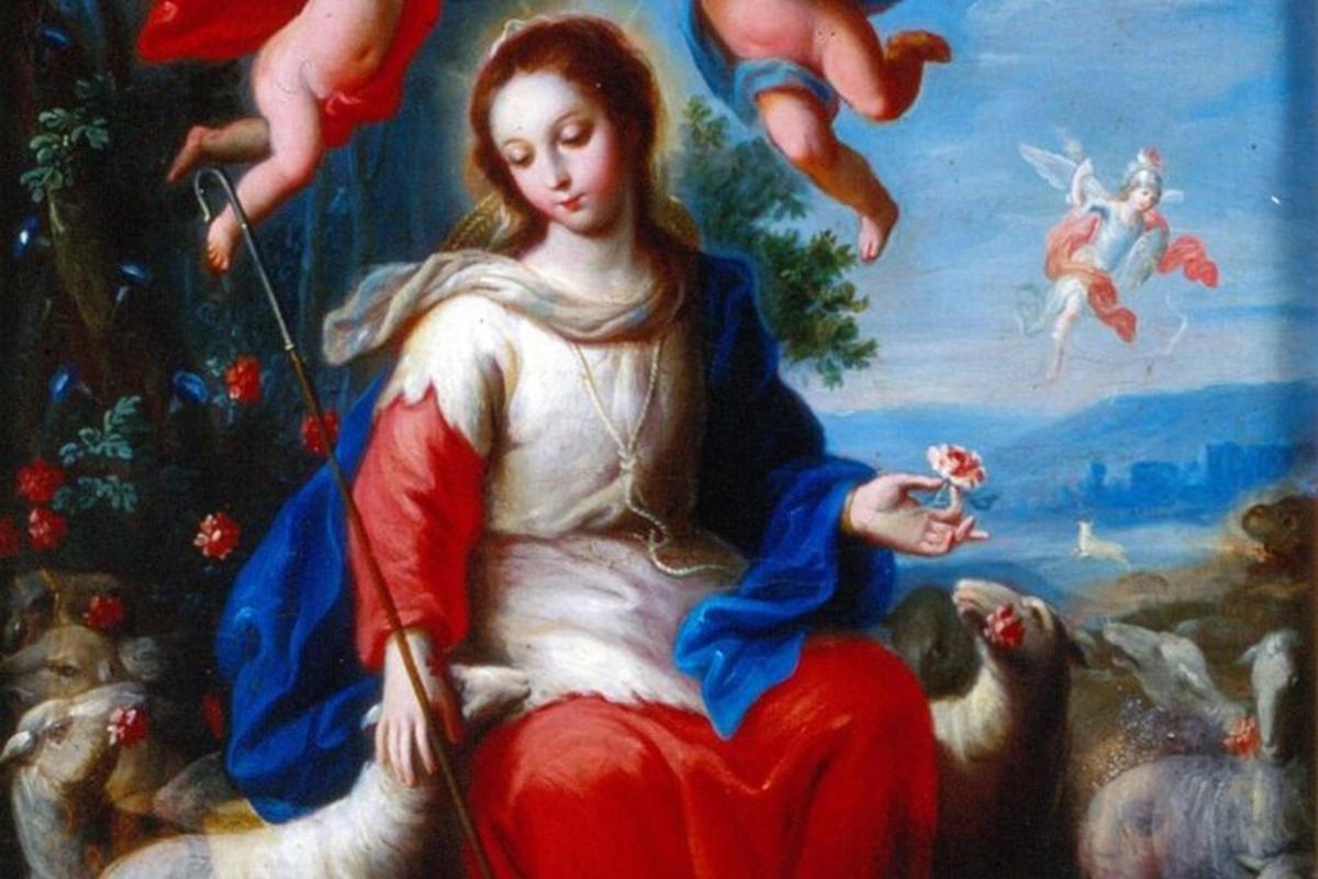 a painting of a woman in front of a christmas tree