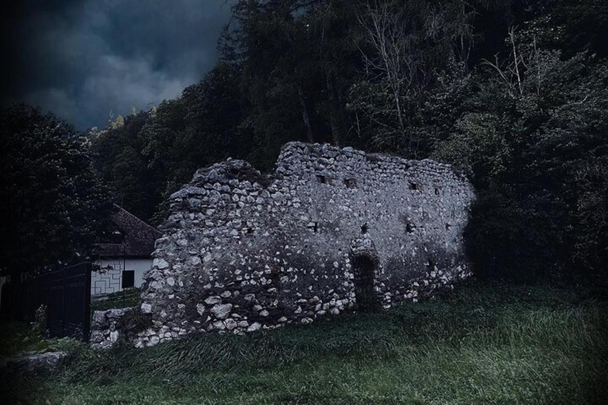 Un viejo muro de piedra con flores blancas.