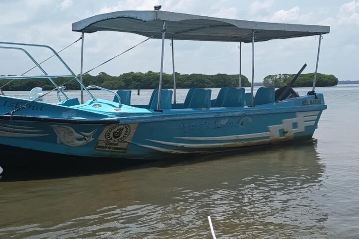 một chiếc thuyền màu xanh với những chiếc ghế màu xanh trên mặt nước