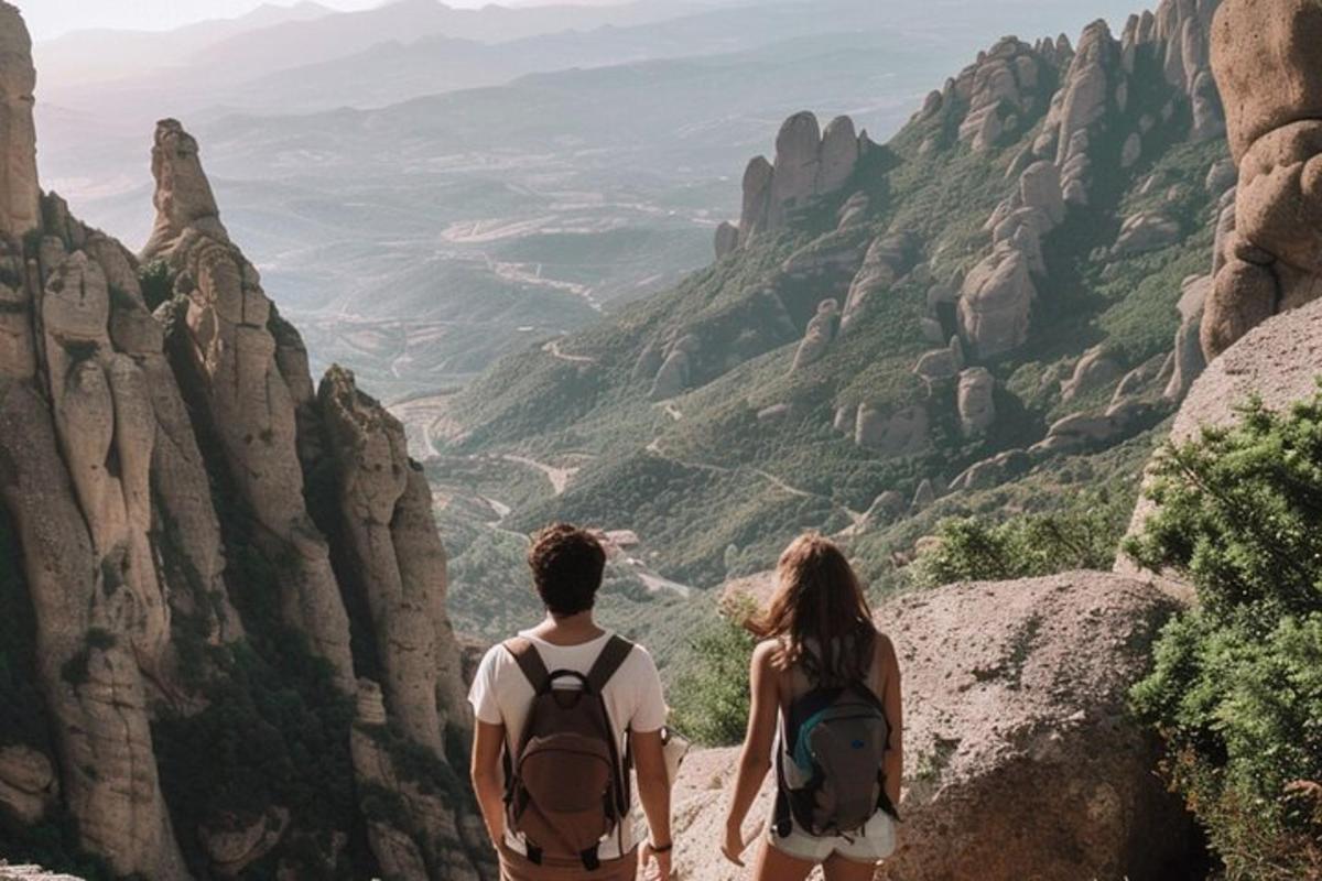 um homem e uma mulher em pé no topo de uma montanha