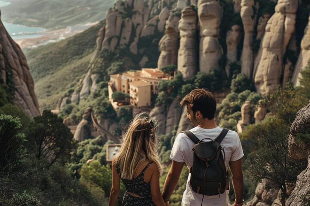 um homem e uma mulher em pé em uma montanha olhando para um vale