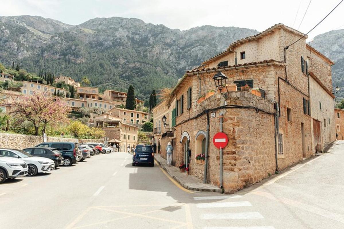 a building on the side of a street with a stop sign