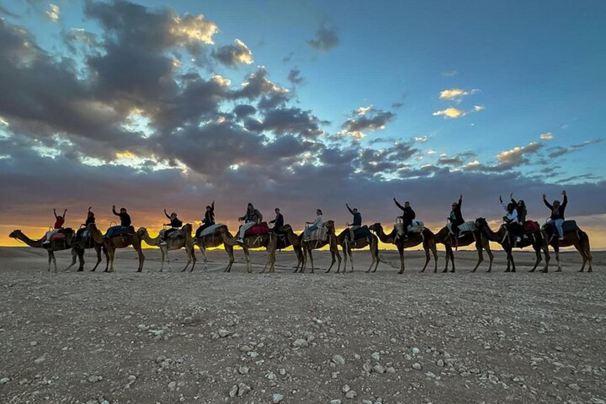 a group of people riding on camels on the beach