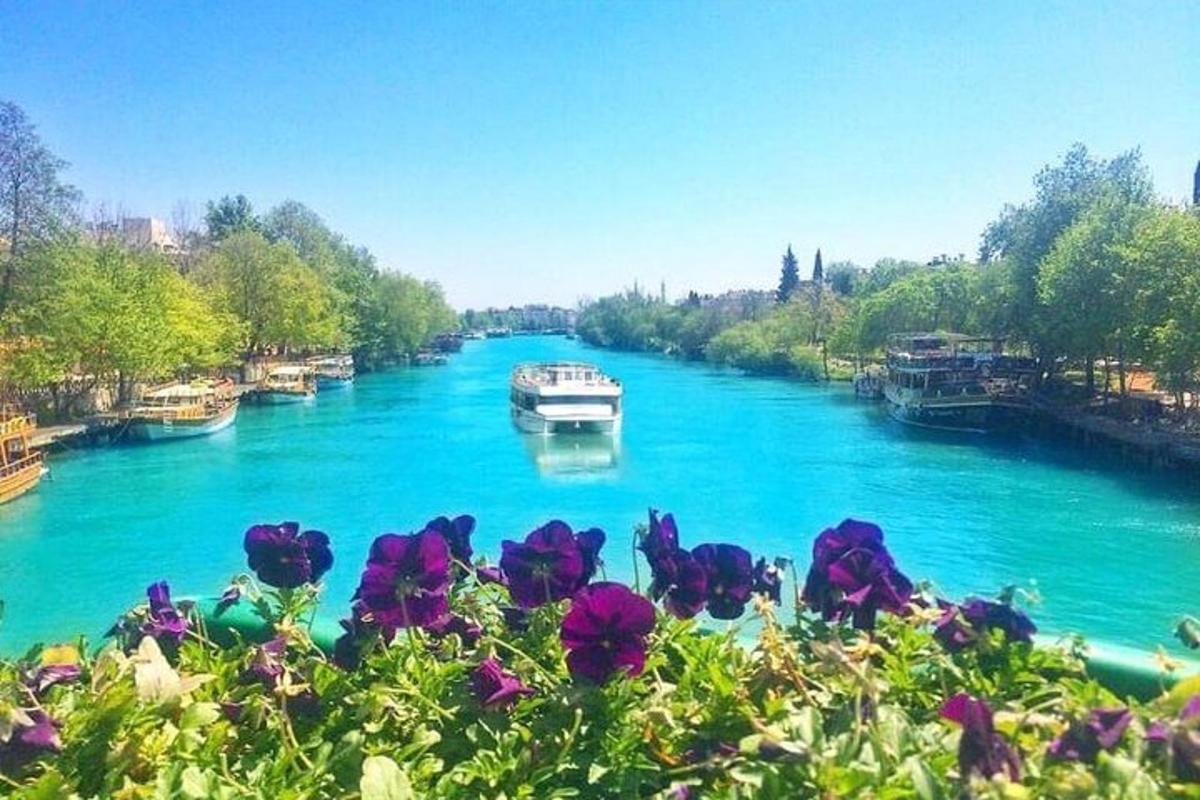 una barca su un fiume con fiori in primo piano