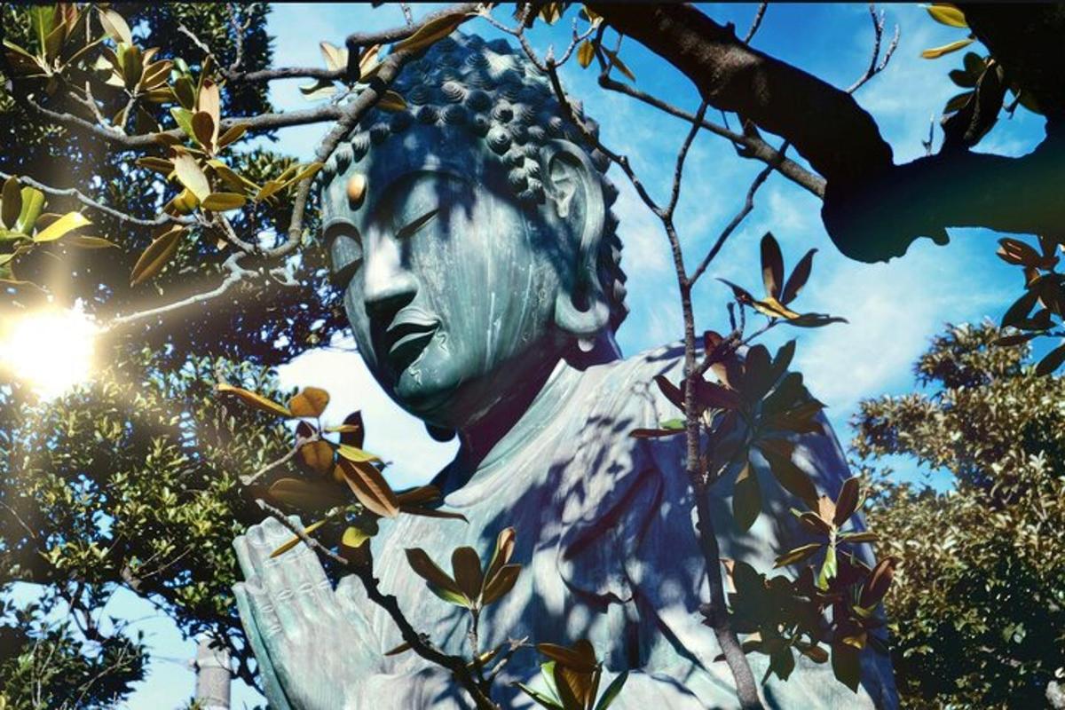 uma estátua de uma mulher é vista através das árvores