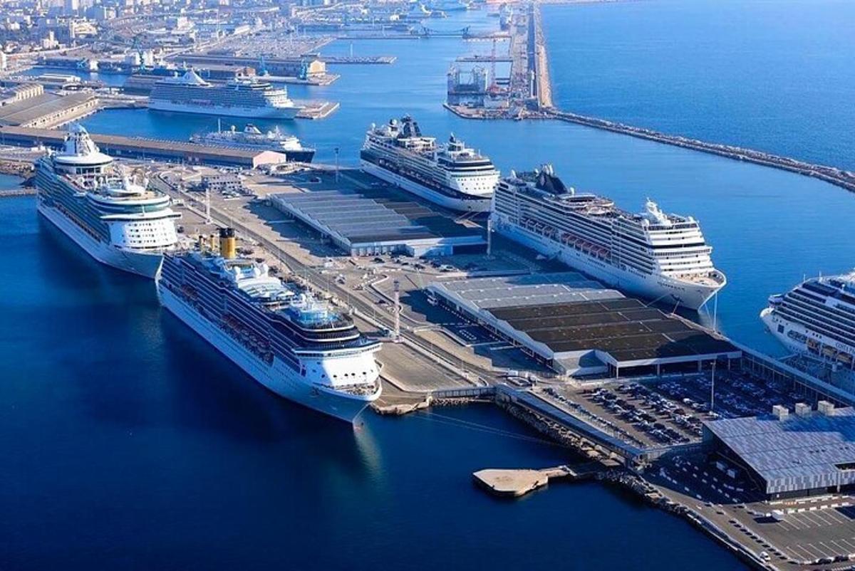 a group of cruise ships docked in a harbor