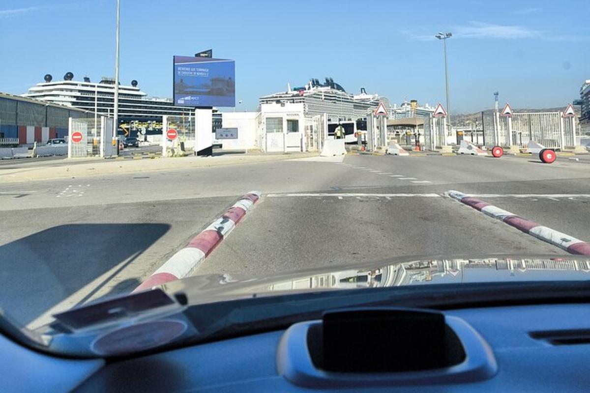 a view from a car windshield of a gas station