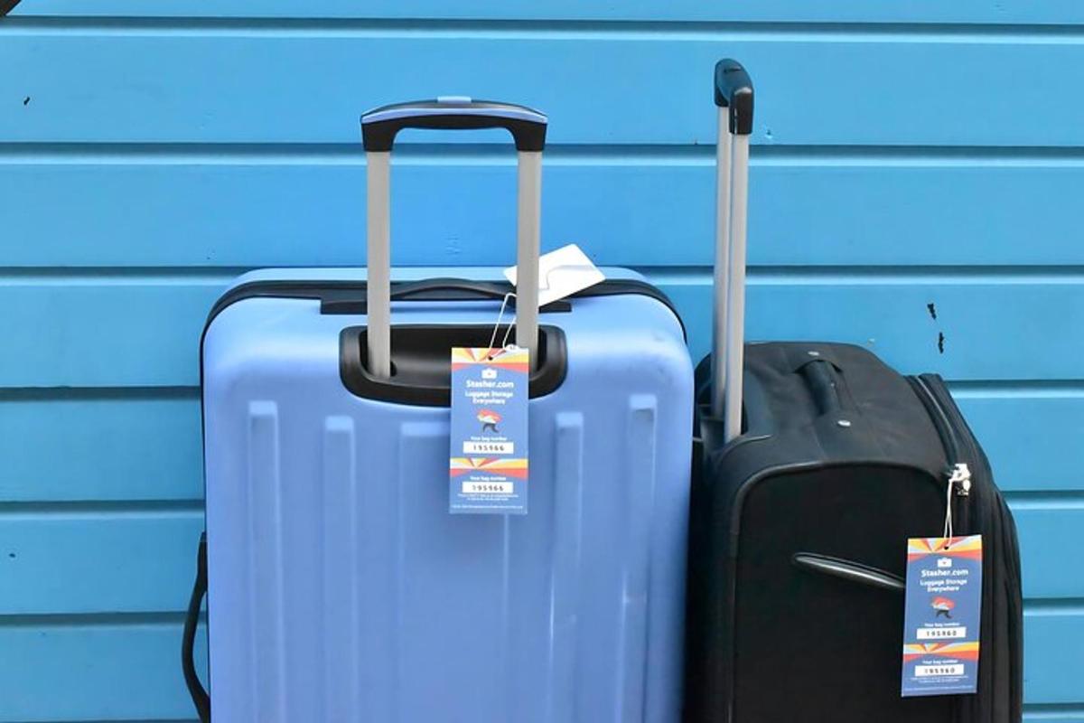 due bagagli appoggiati accanto a un muro blu