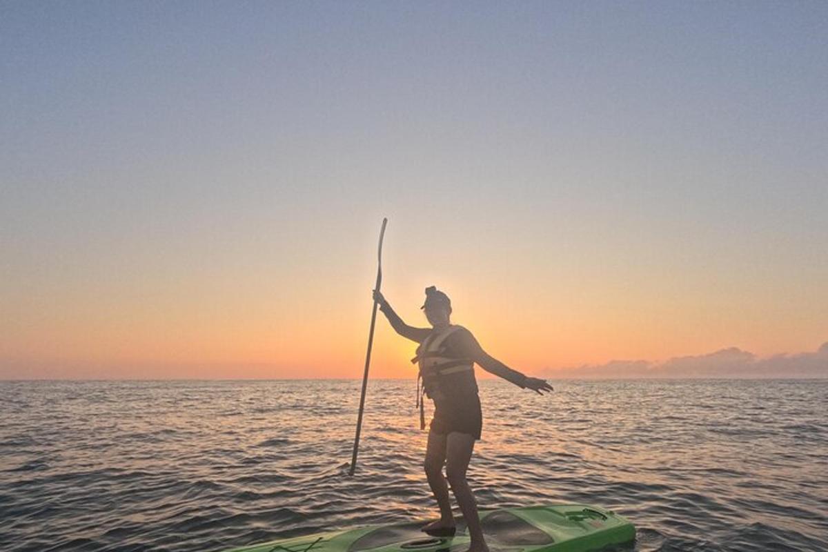 a person standing on a paddle board in the water