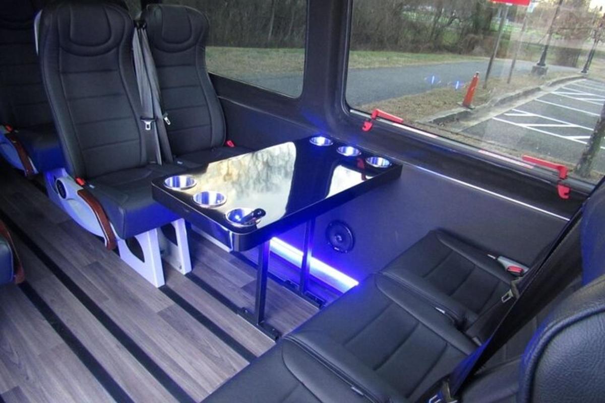 a bus with a table in the back of it