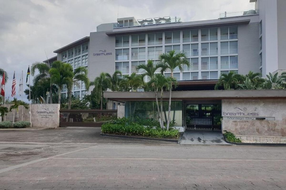un grande edificio con palme di fronte