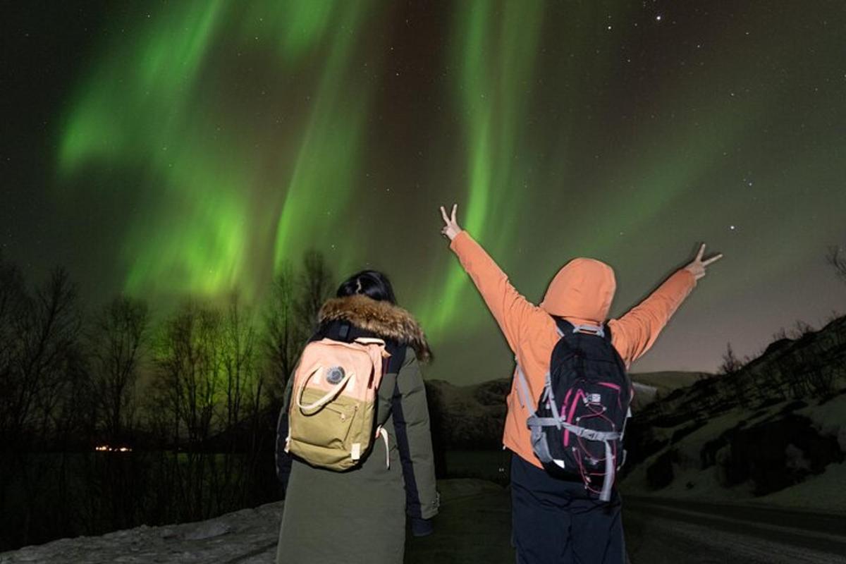 Tveir menn horfa upp á norðurljósin