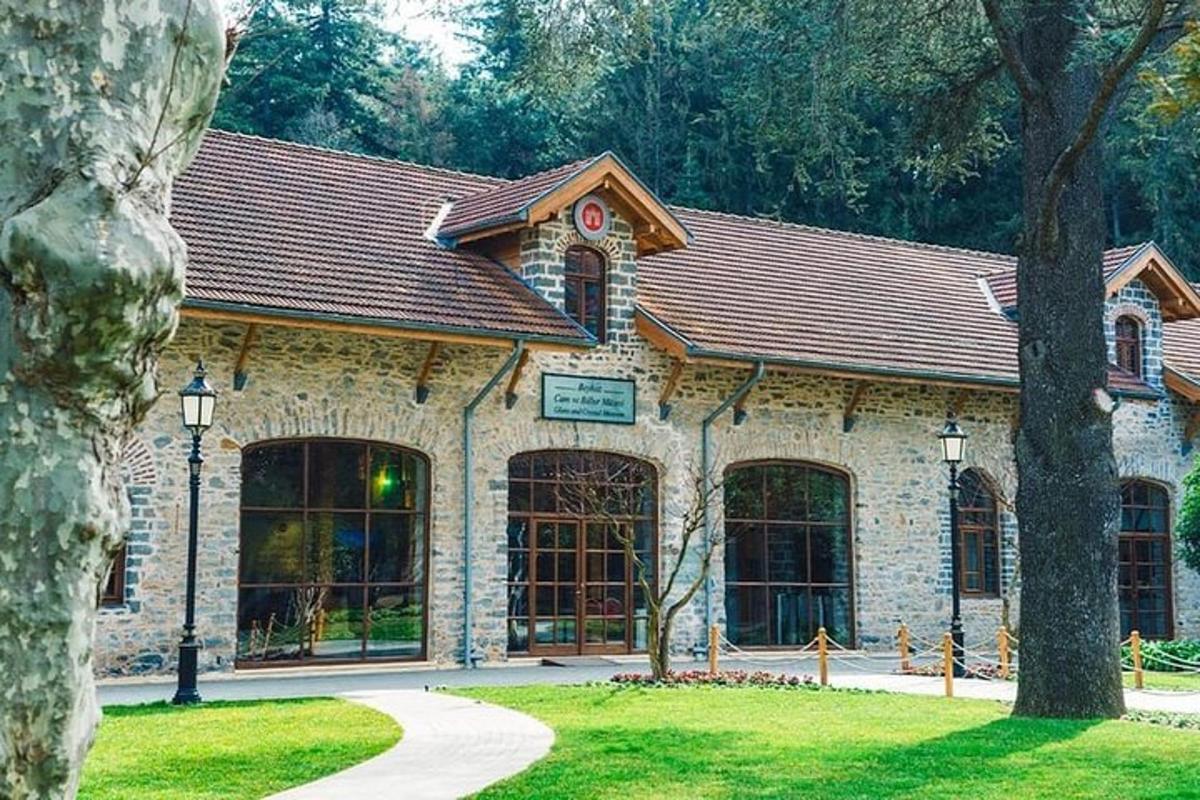 a large stone building with a brown roof