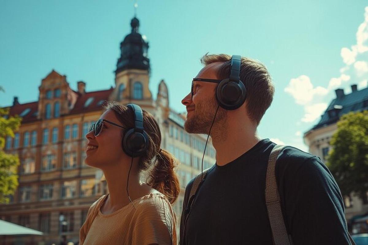 um homem e uma mulher usando fones de ouvido em uma cidade