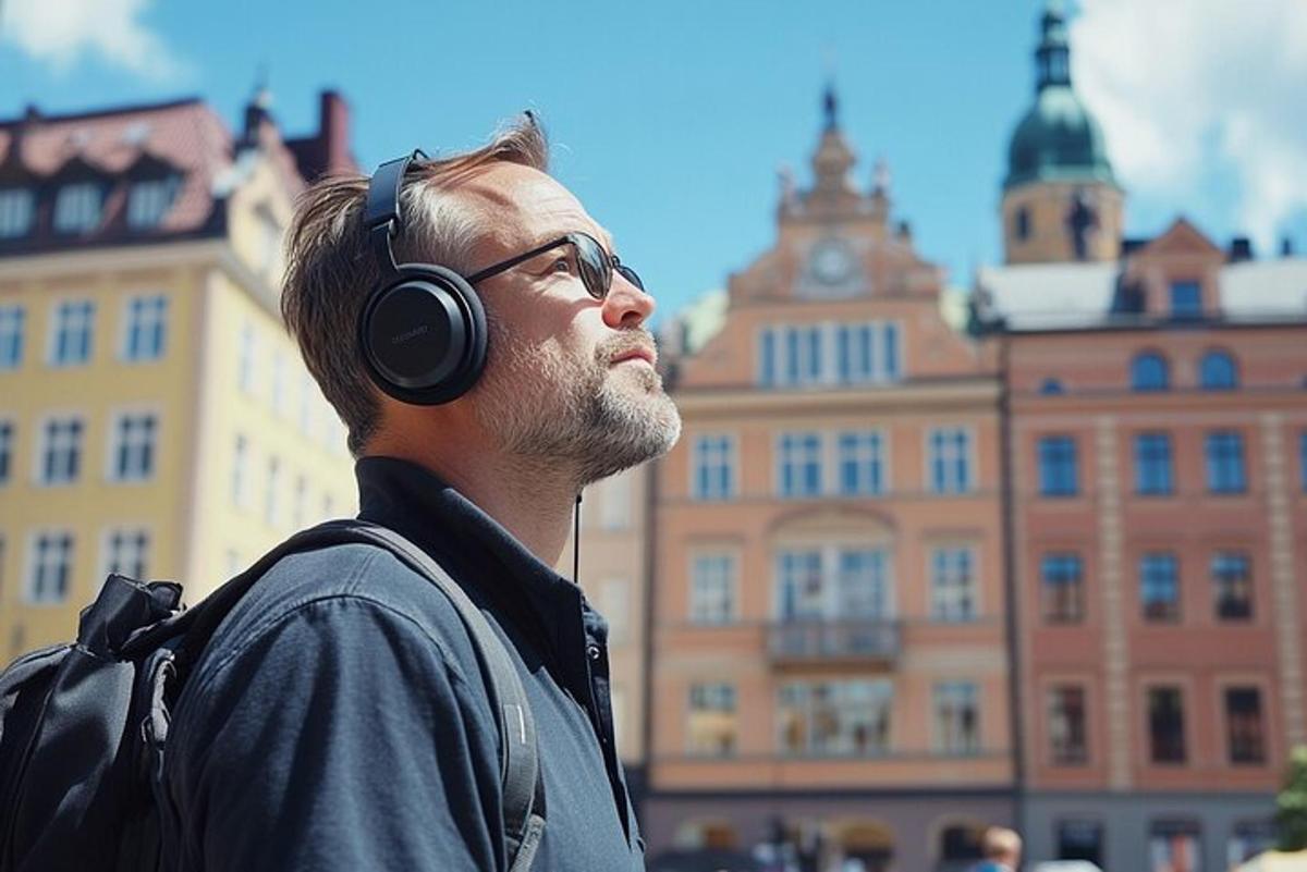 Un hombre con auriculares de pie frente a un edificio.