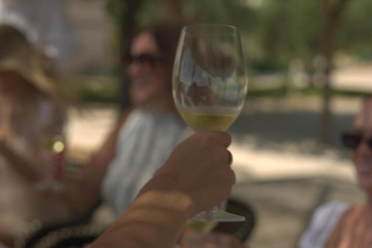 una persona che tiene in mano un bicchiere di vino bianco