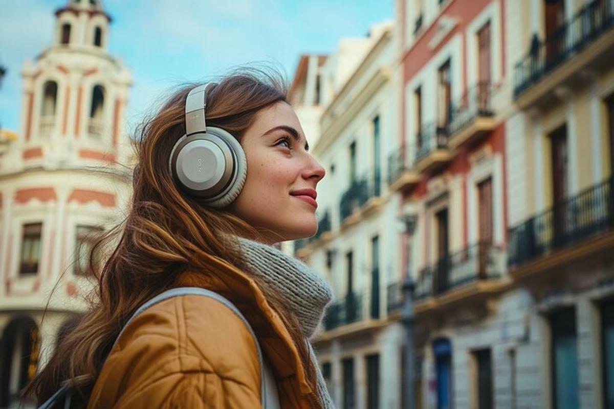 una donna che indossa le cuffie mentre cammina per strada