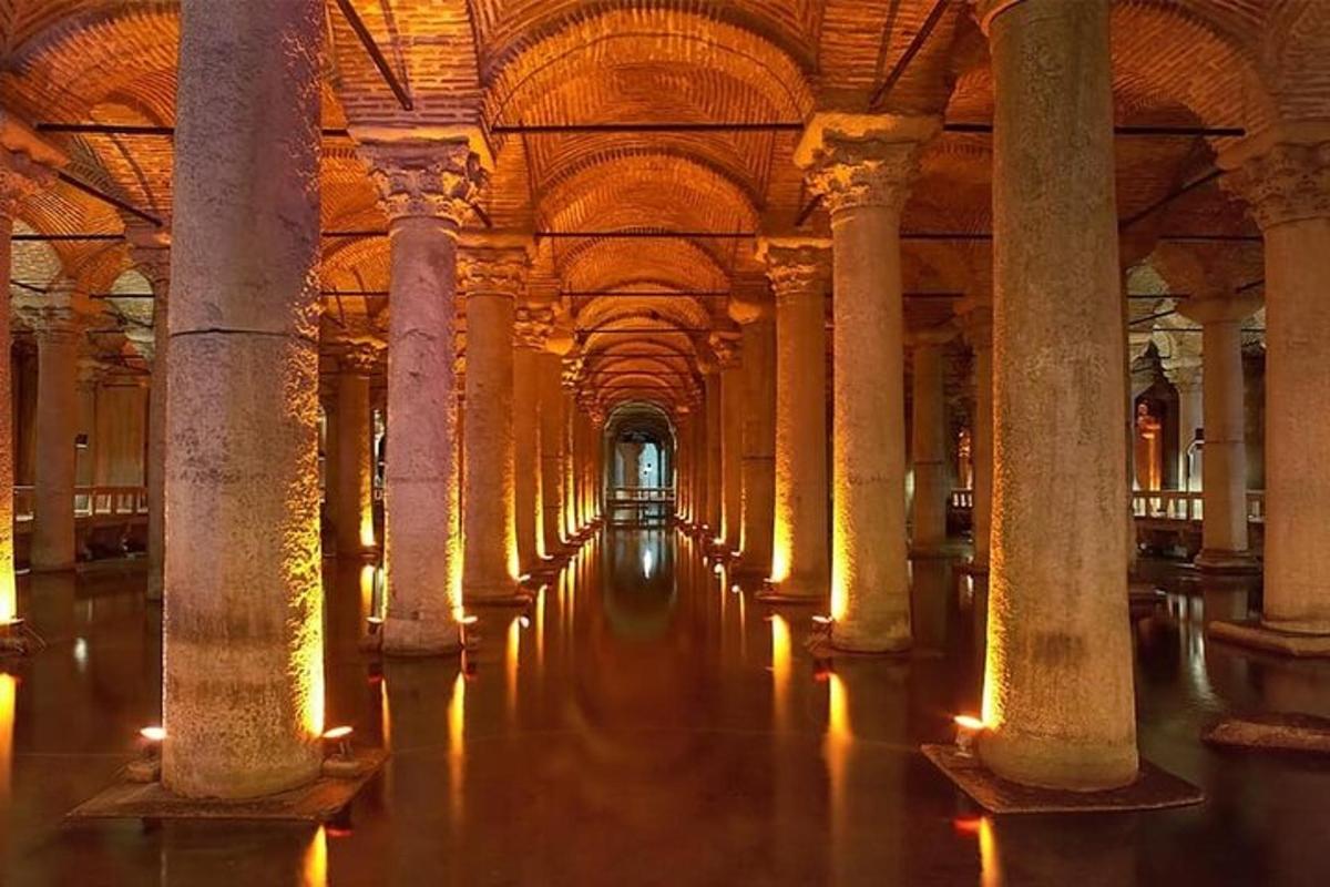 a large hallway with columns in a large building