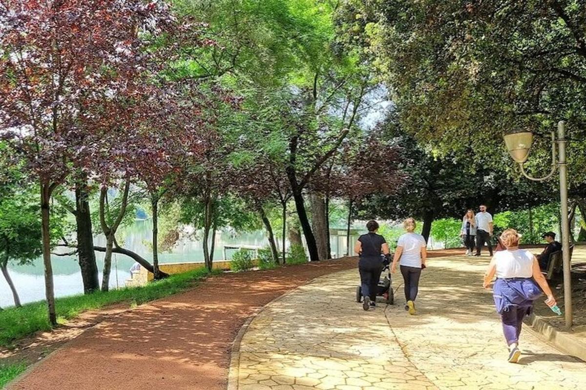 sekumpulan orang berjalan di laluan di taman