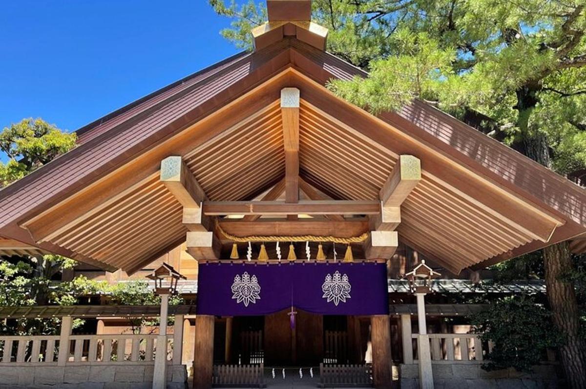 a church with a purple altar in front of it
