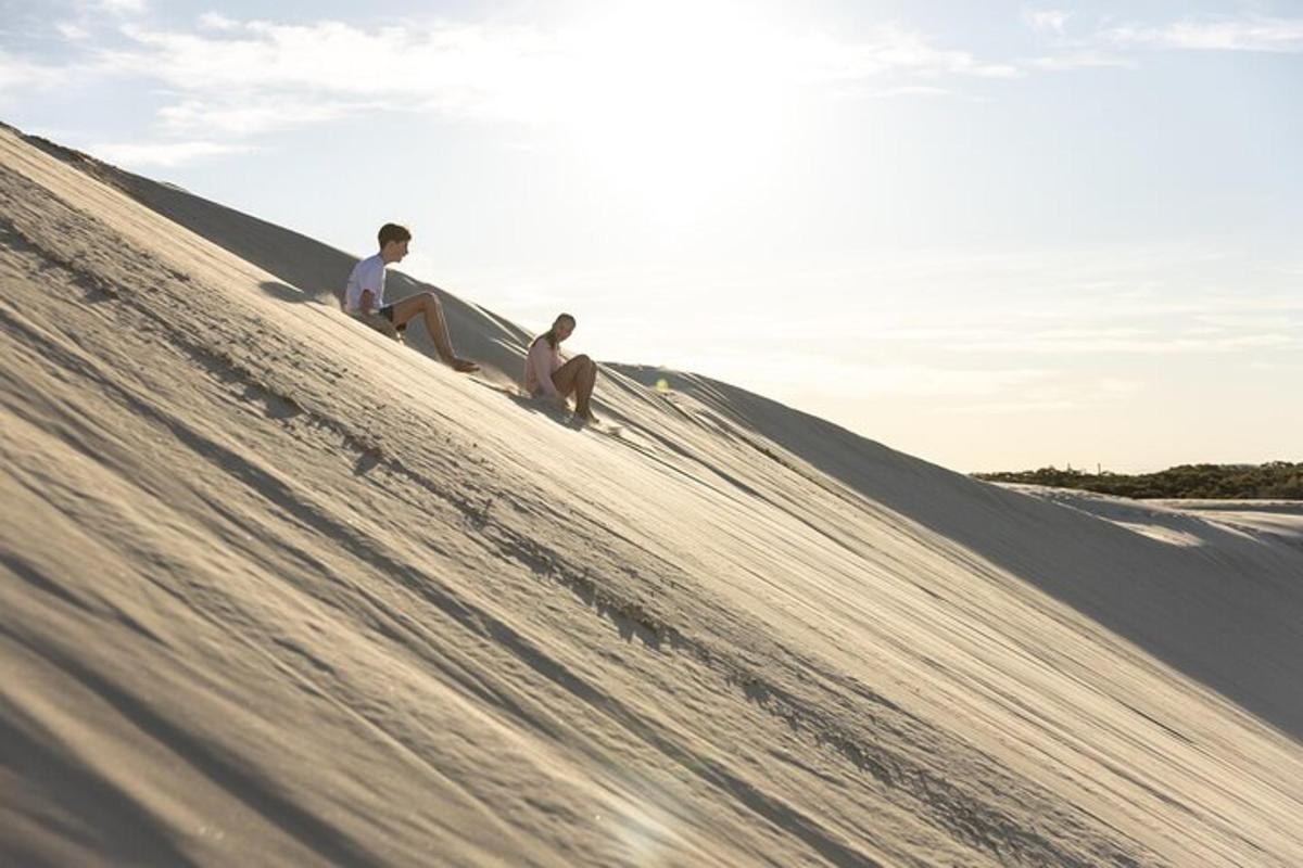 two men standing on a sand hill with a surfboard