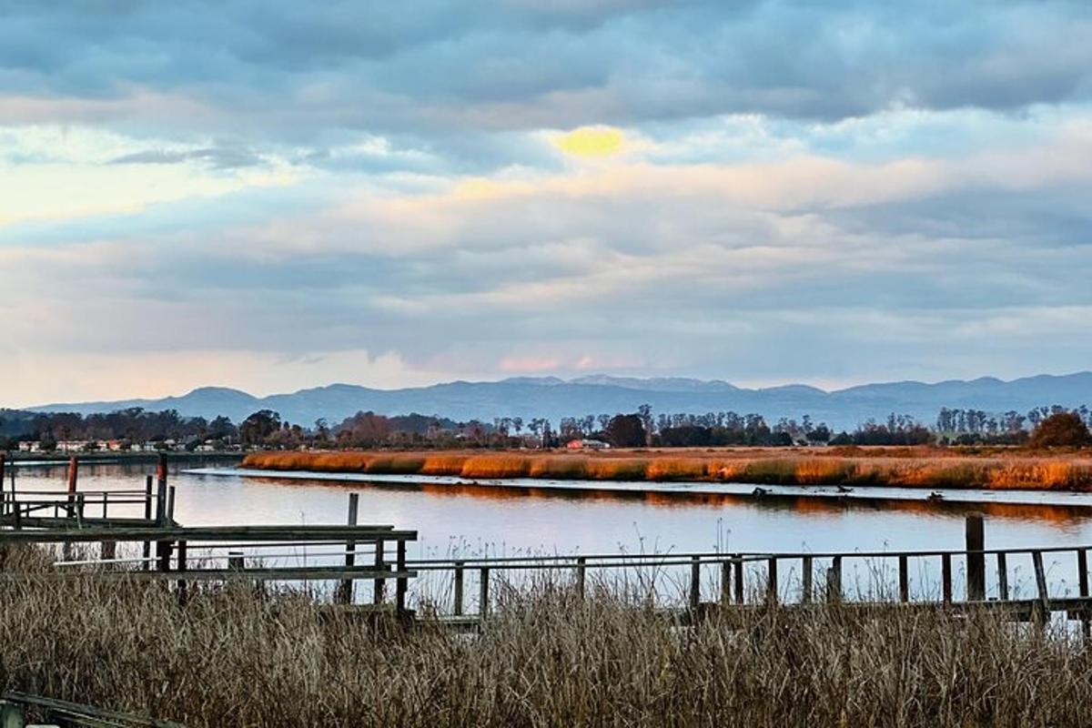 vodno telo z mostom in gorami