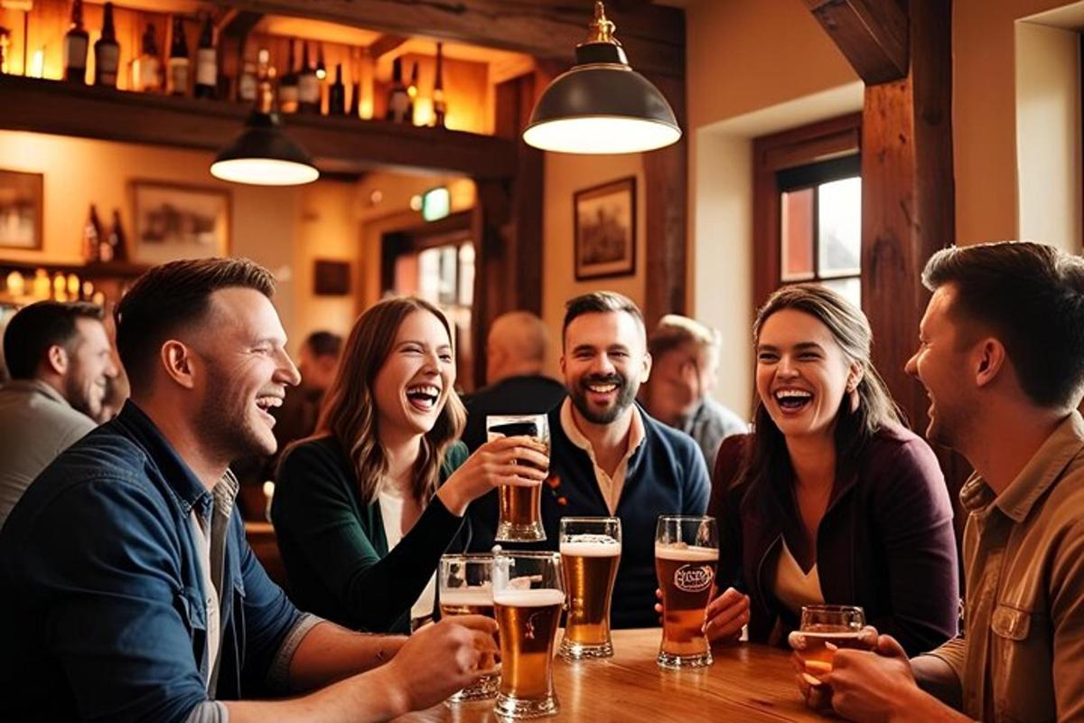 skupina lidí sedících u baru a pijících pivo