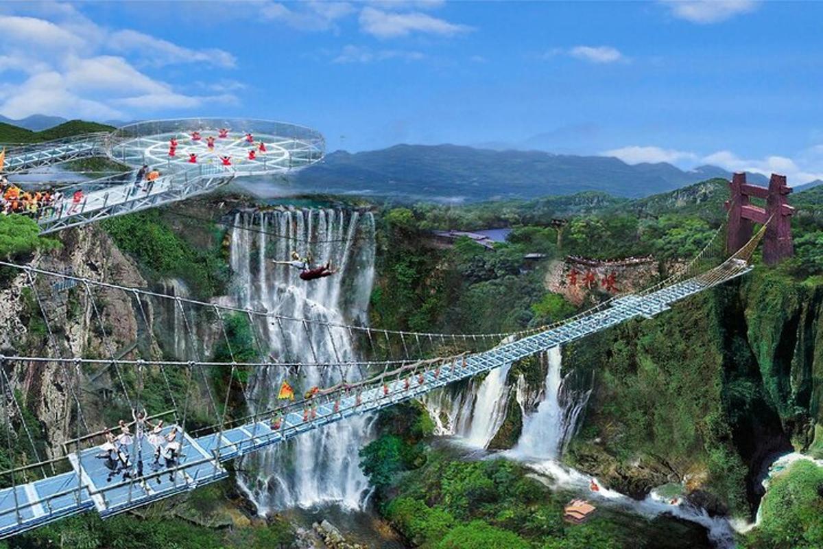 a bridge over a waterfall with people on it